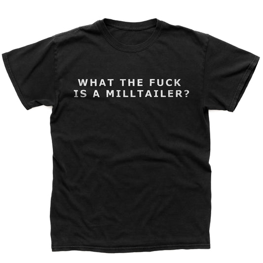 Black "Clyde and the Milltailers" t-shirt with white text on a white background