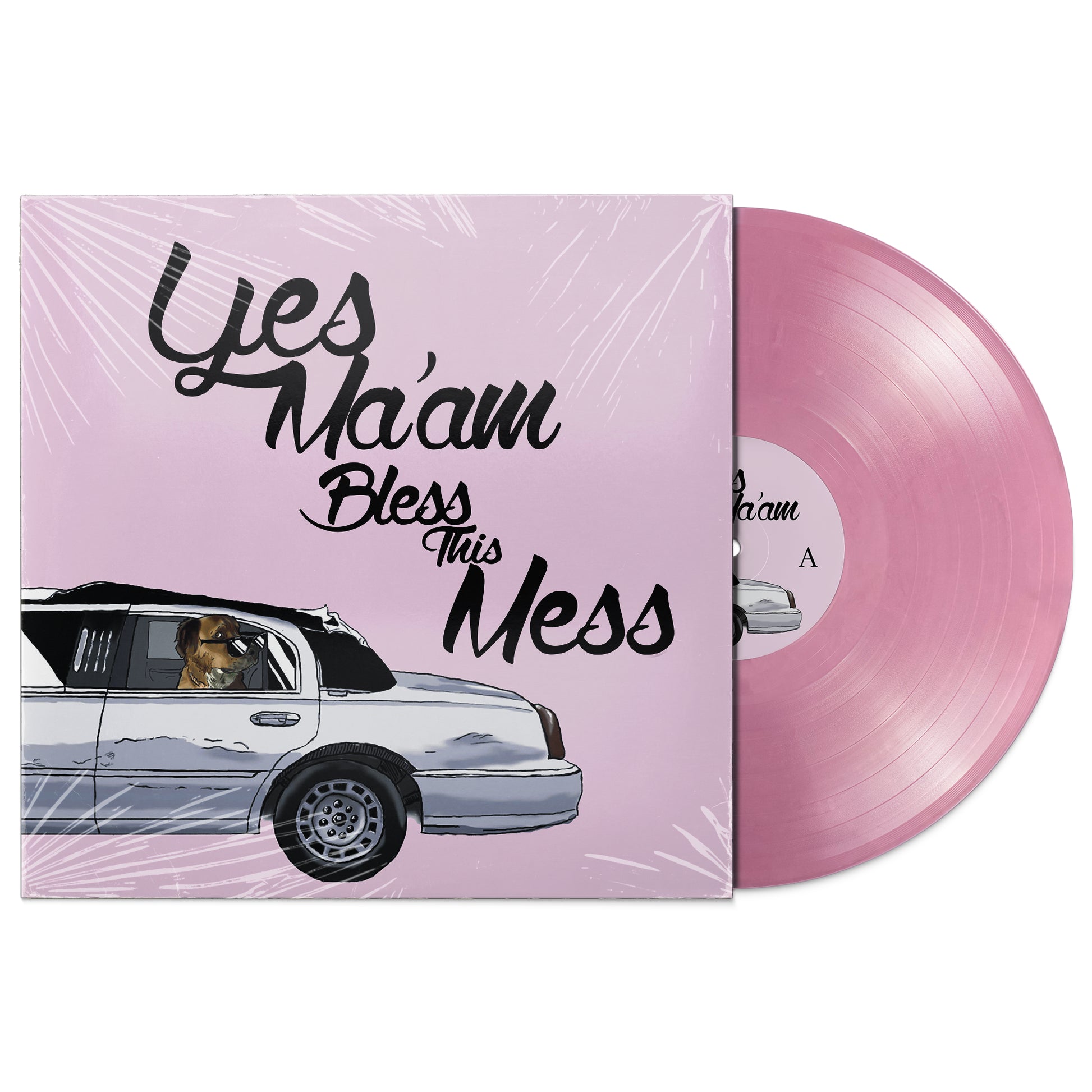 Vinyl record by Yes Ma'am with pink disc and cover featuring text and a limousine illustration on a white background. The Album is titled Bless This Mess