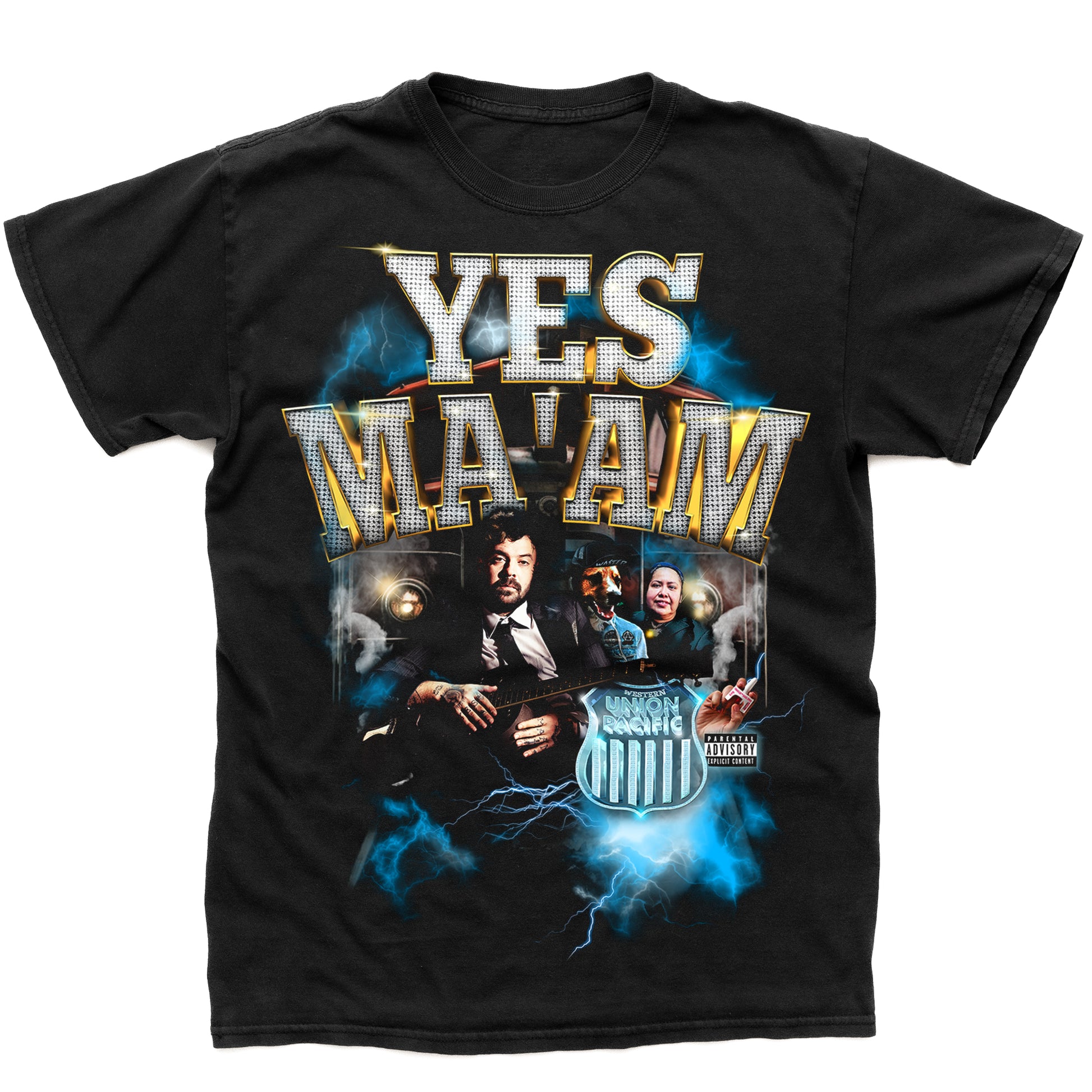 Black t-shirt with 'YES MA'AM' graphic design featuring a man and woman, and a record album cover.
