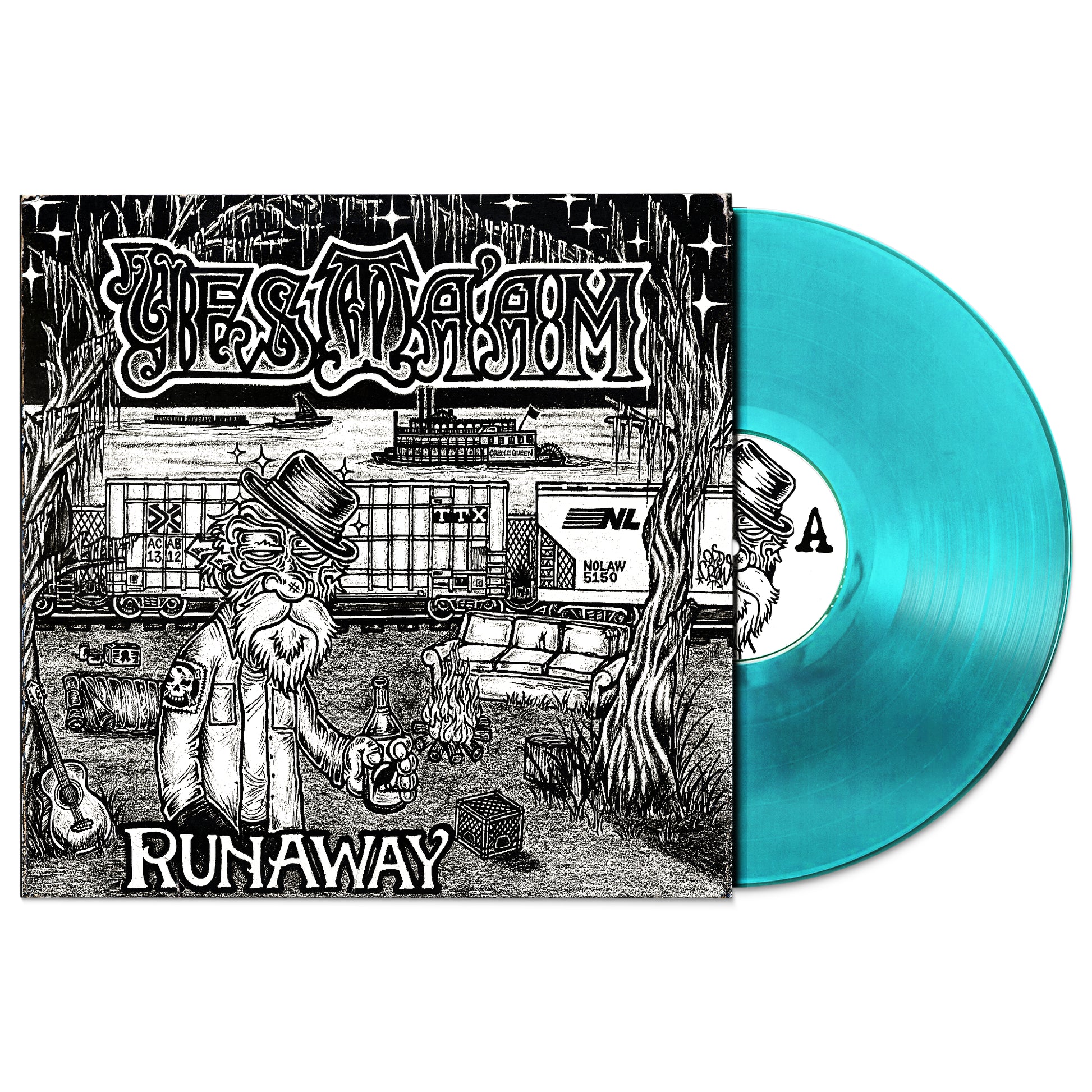 Vinyl record by Yes Ma'am titled Runaway. Handdrawn cover featuring a emerald green disc.