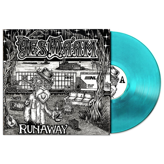 Vinyl record by Yes Ma'am titled Runaway. Handdrawn cover featuring a emerald green disc.