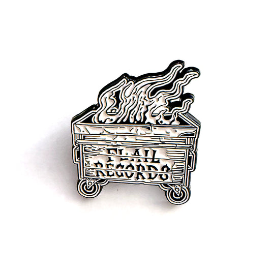 Pin with a design of a flaming dumpster on a white background
